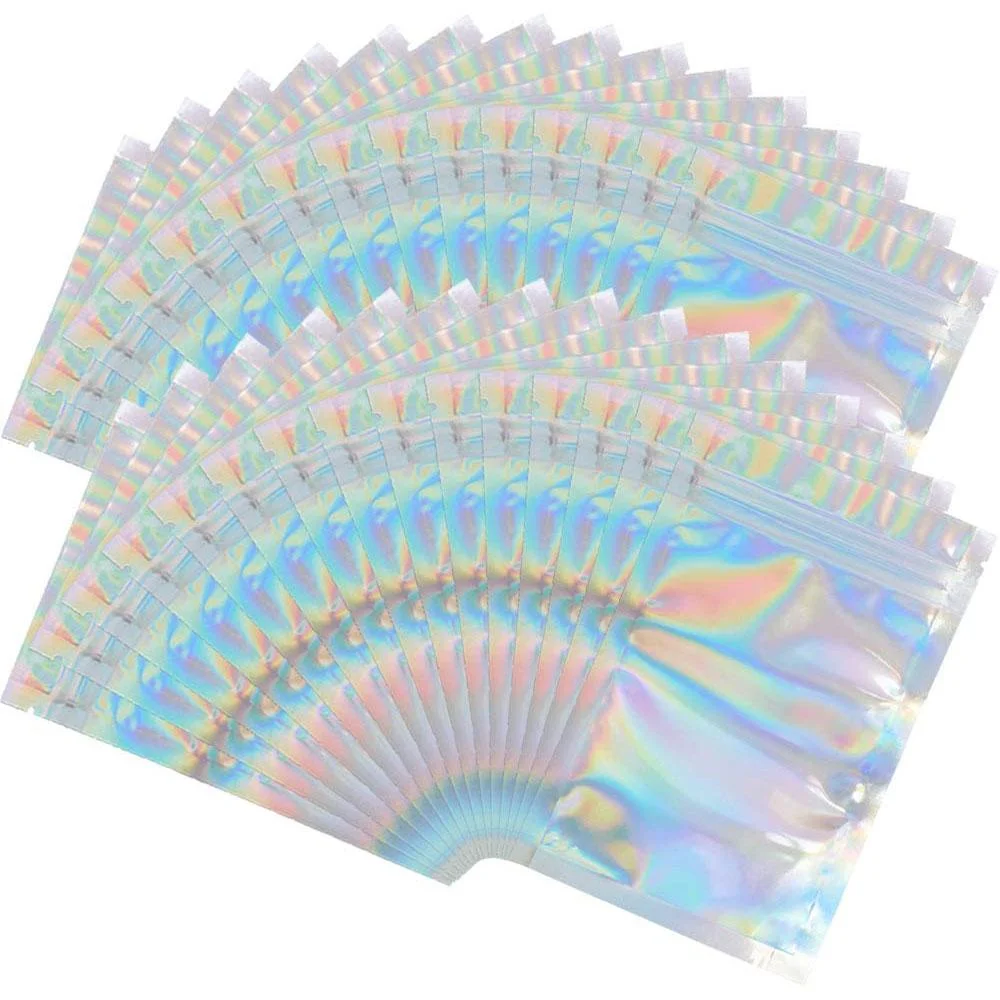 Resealable Holographic Foil Bags Cosmetic Laser Packaging Zip-lock Bags for Food Storage Coffee Beans Candy & Jewelry Packing