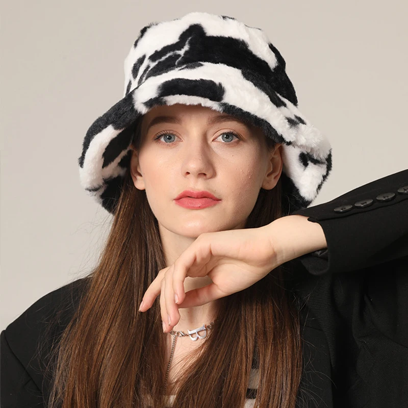 Wholesale Custom Fuzzy Warm Fisherman Hat Winter Thickened Faux Rabbit Wool Fluffy Plush Fashion Cow Pattern Bucket Hat