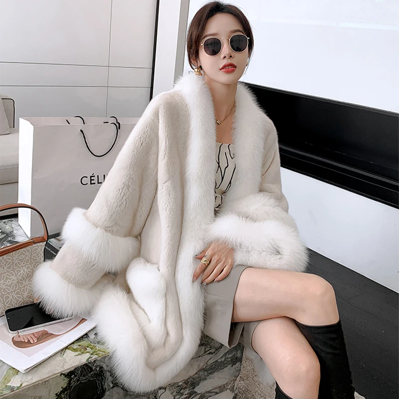 2021 hot sale new imported full mink loose thin mink coat plus fox fur collar mid-length coat for women
