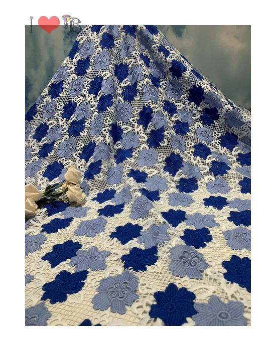 Высококачественная белая с королевским синим гипюром кружевная ткань для нигерийского свадебного платья