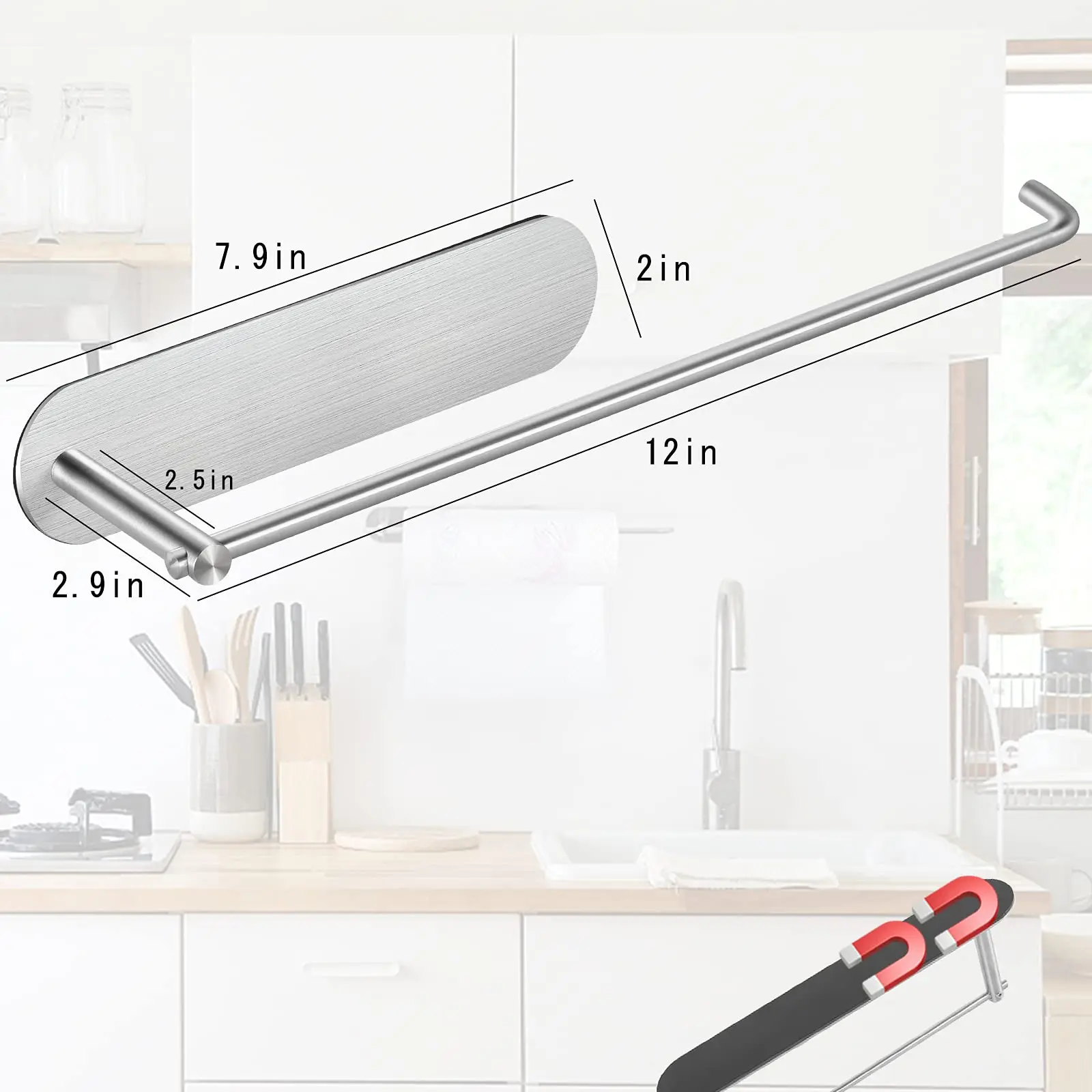Magnetic Tissue Holder Kitchen Towel Rod Solid Steel Roller Frame with Strong Backing
