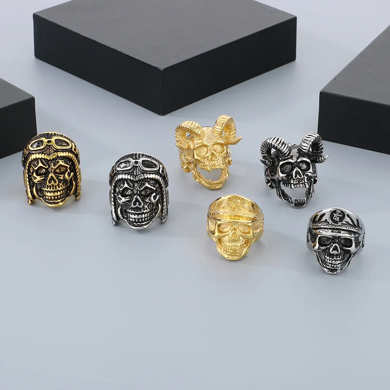 Vintage Gothic Stainless Steel Goat Skull Rings Men
