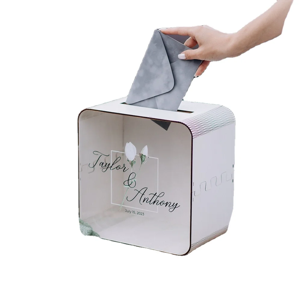 Personalized Wooden Card Box for Weddings Acrylic Glass Printed Memory Box for Cards Gifts Couple Place Cards Table Numbers