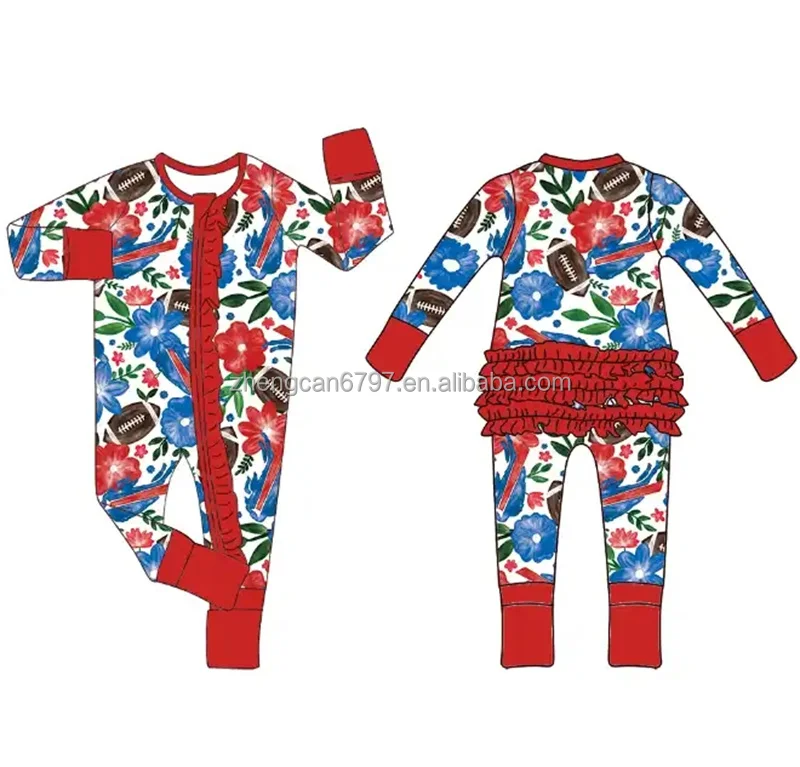 Wholesale Baby Clothes Warm Zipper Romper Custom Rugby Flower Print Bamboo Ruffle Onesie One Piece Pajamas For Kids