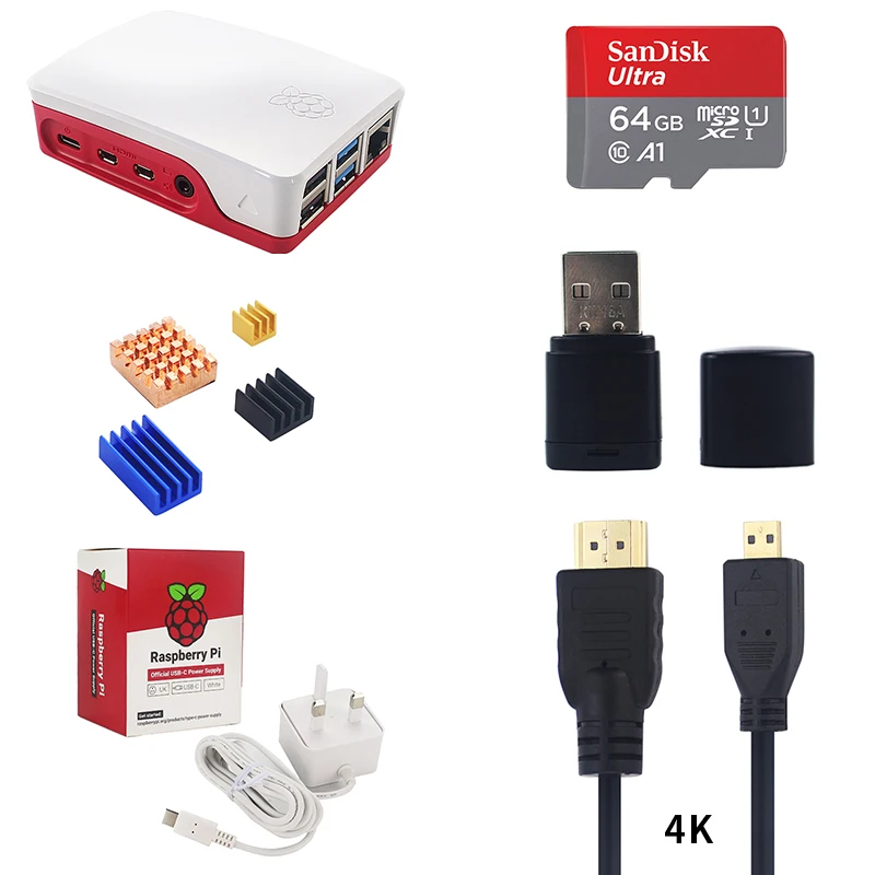 Official Raspberry Pi 4 Case ABS Box + Power Adapter + HD Video Cable + 16/32/64GB Optional SD Card + Heat Sinks for RPi 4 4B