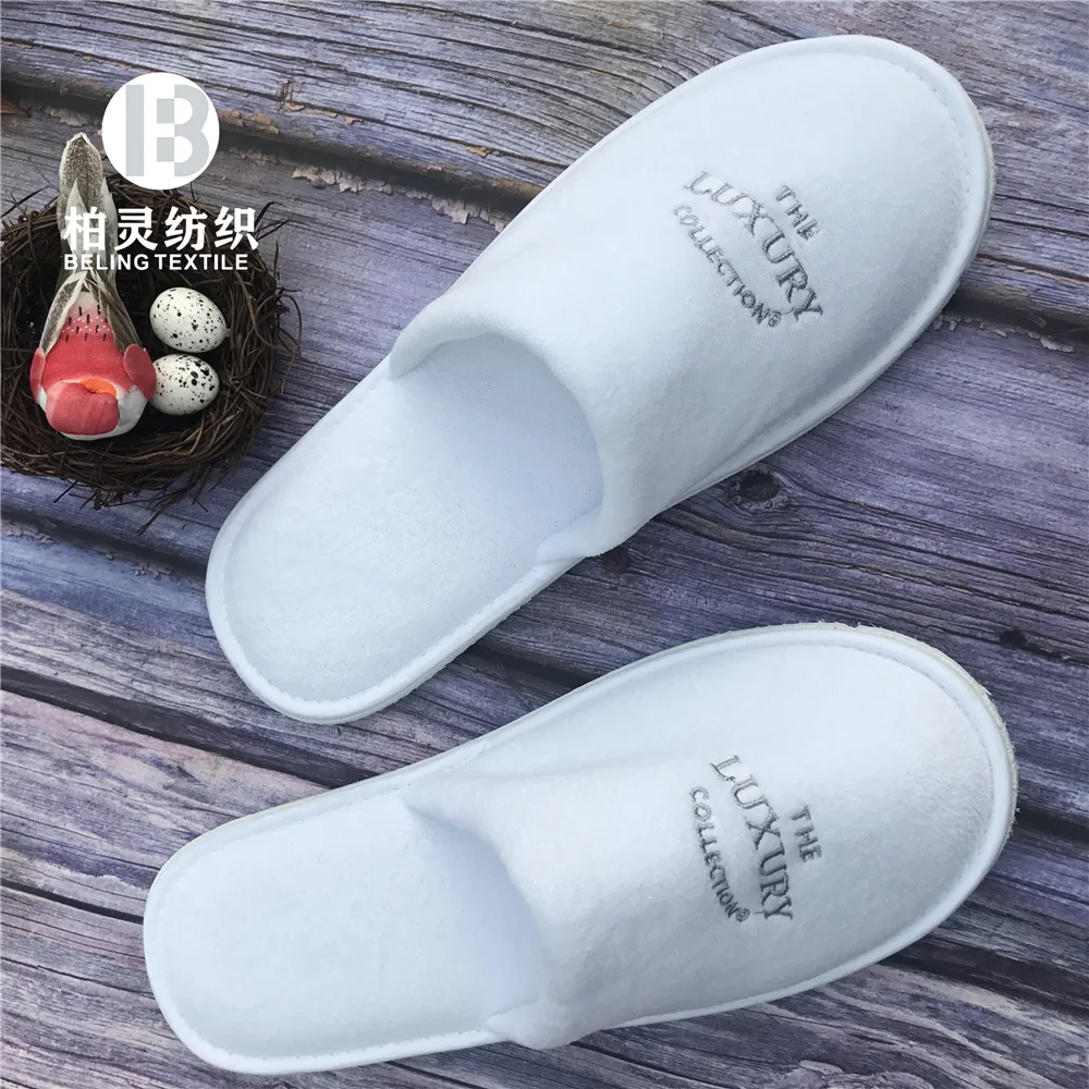 Best Quality polyester velour Disposable Hotel Spa white  Slipper Custom logo Anti-slip super soft Slippers