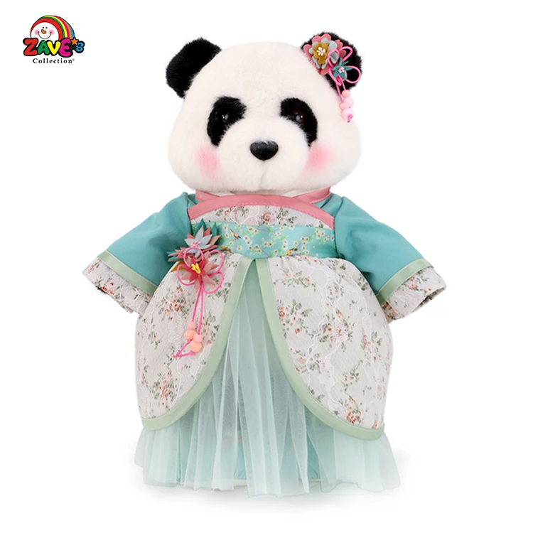 15.5 inch Standing Pose Plush Panda Doll Tang Dynasty Hanfu Dress Changeable Pink Green Flower Pattern