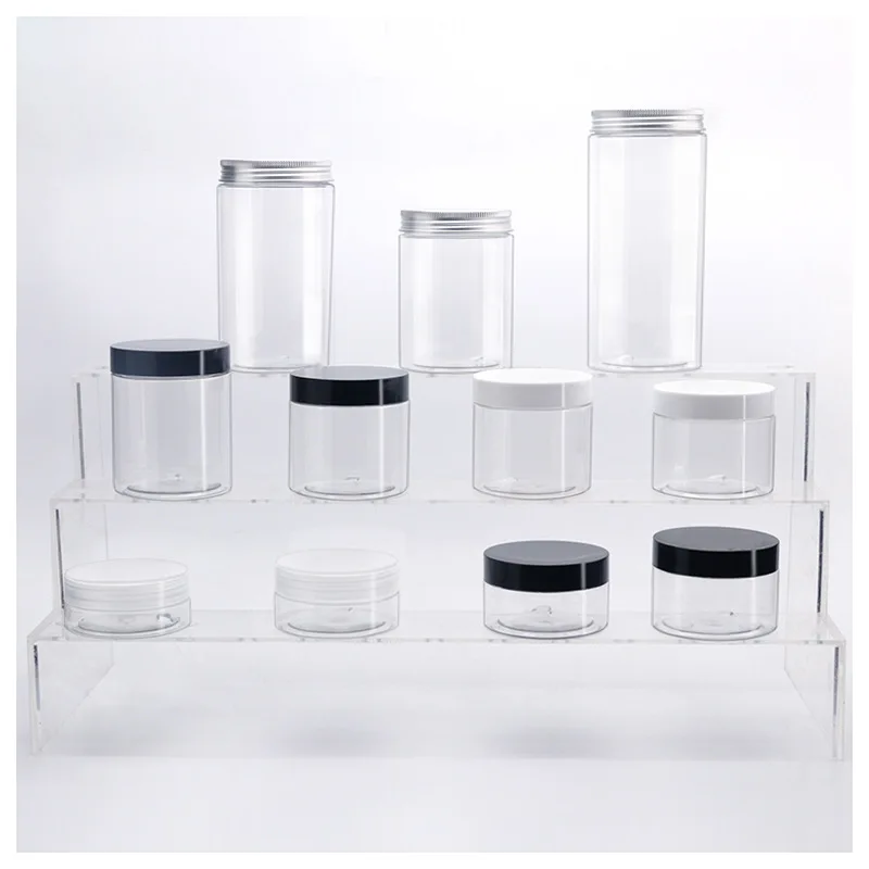 Food Grade PET Plastic Jars 50ml to 300ml Capacities Clear with Black Cap for Storage and Presentation