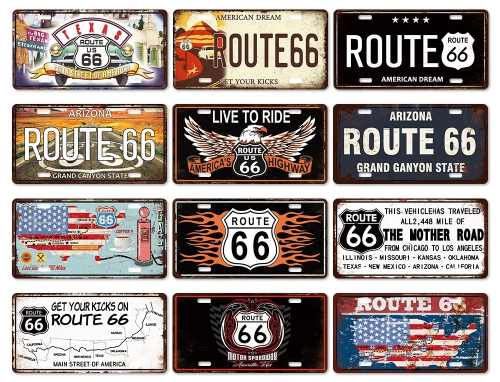 Putuo Decor Car License Plate Vintage Tin Plate Route 66 Metal Plate Printing Sign Garage Man Cave Decoration
