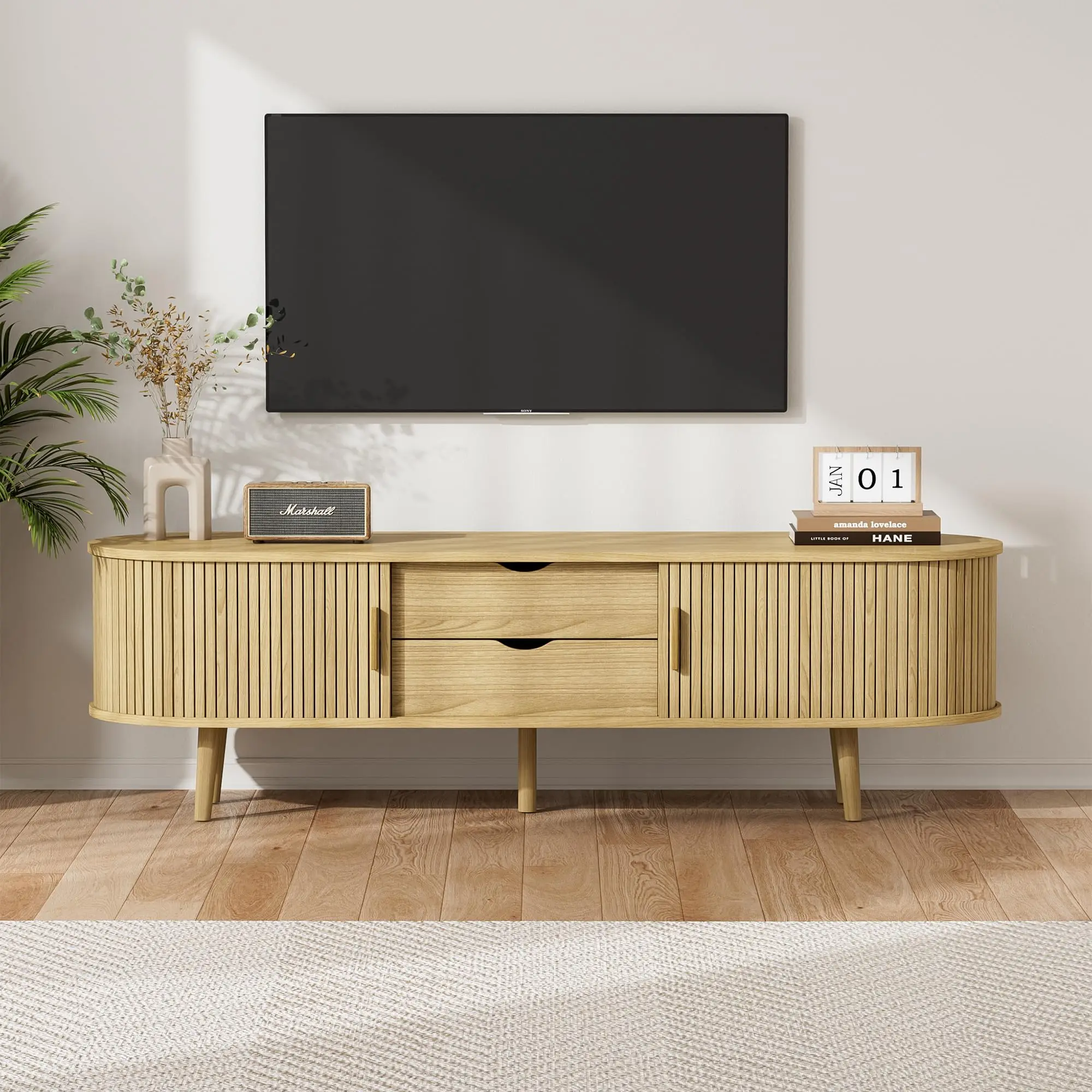 Farmhouse Curved Round Edge TV and Media Console Table 2024 New TV cabinet with sliding door