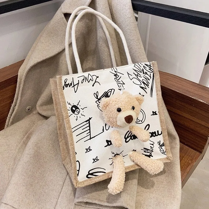 Custom Eco-Friendly Jute Gunny Shopping Tote Bags With Cute Bear Doll And Logo