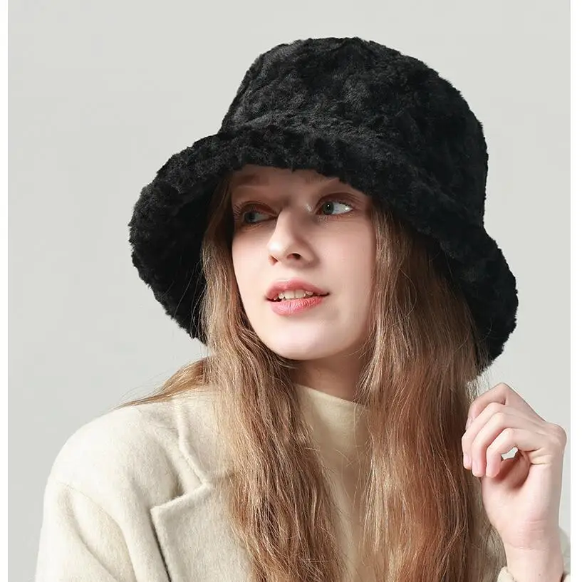Women Large Size 60CM Fuzzy Solid Faux Fur Bucket Hat Plush Party Warm Soft White Fox Fur Winter Hat