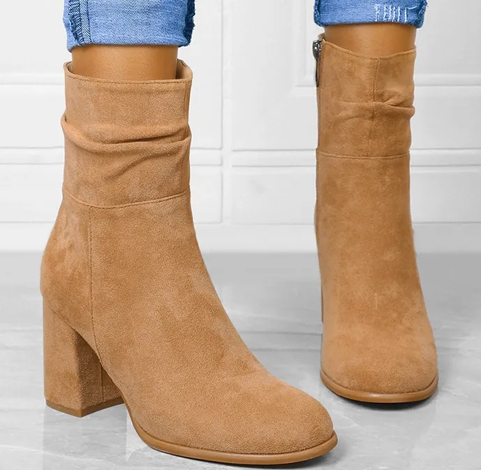 UP-1699J 8.3cm Chunky High Heel Shoes for Women Classic Ankle Female Boots for Autumn Winter