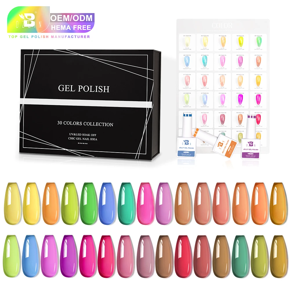 BOZLIN Private Label 30 Colors Jelly Gel Polish Set Transparent Nude Purple Color UV Gel Nail Polish OEM Jelly Gel Nail Polish