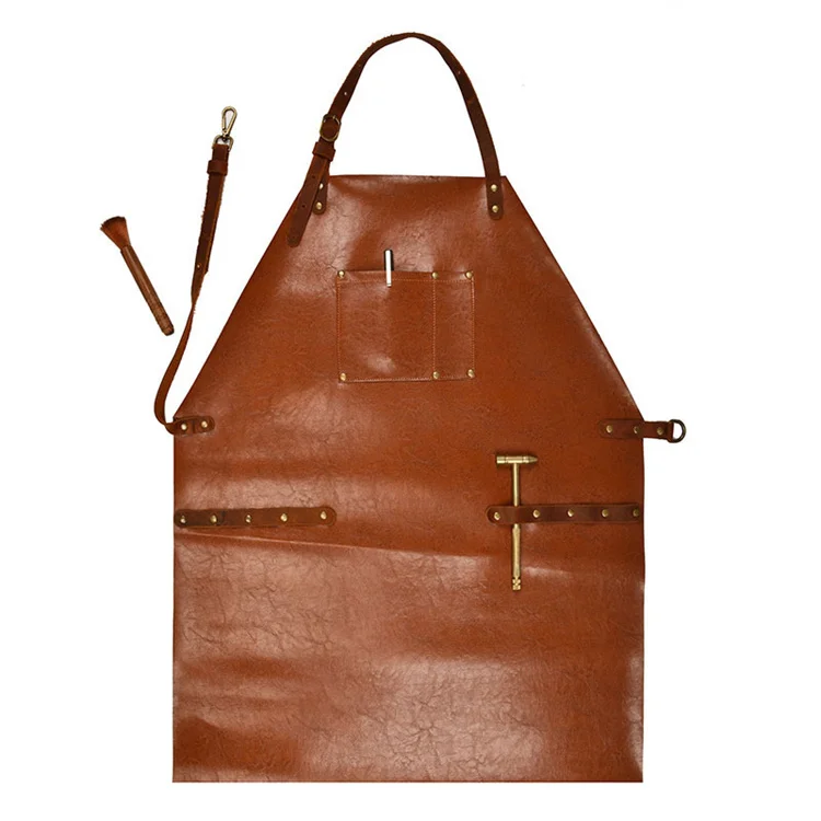 Vintage Cowhide Leather Pockets Waterproof  Barbecue Cooking Chef Kitchen Apron Gardening Tool Aprons