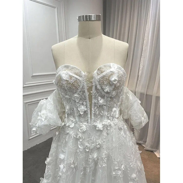 Оптовая продажа новый тренд дизайнерский 3D Цветочный Глубокий V-образный корсет свадебное платье женское кружевное со стразами и съемным рукавом