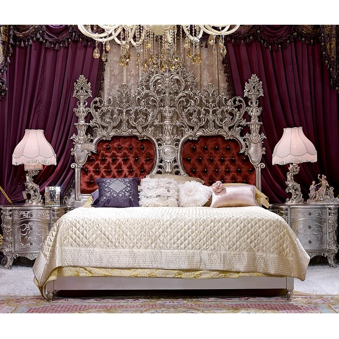 Luxury antique Italian king silver rococo bed furniture for palace and villa