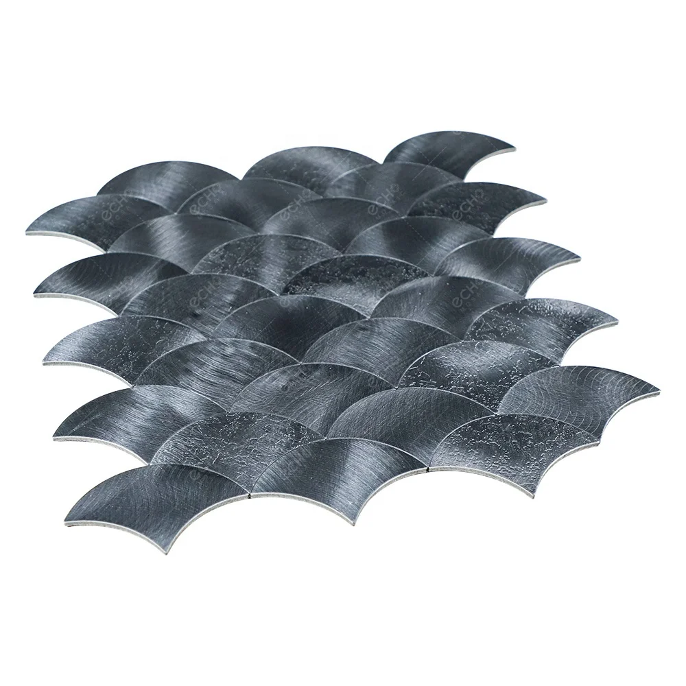 Embossed Fish Scale Gunmetal Gray Aluminum Mosaic Peel and Stick Metal Tile Backsplash for Camper Rental House Decoration