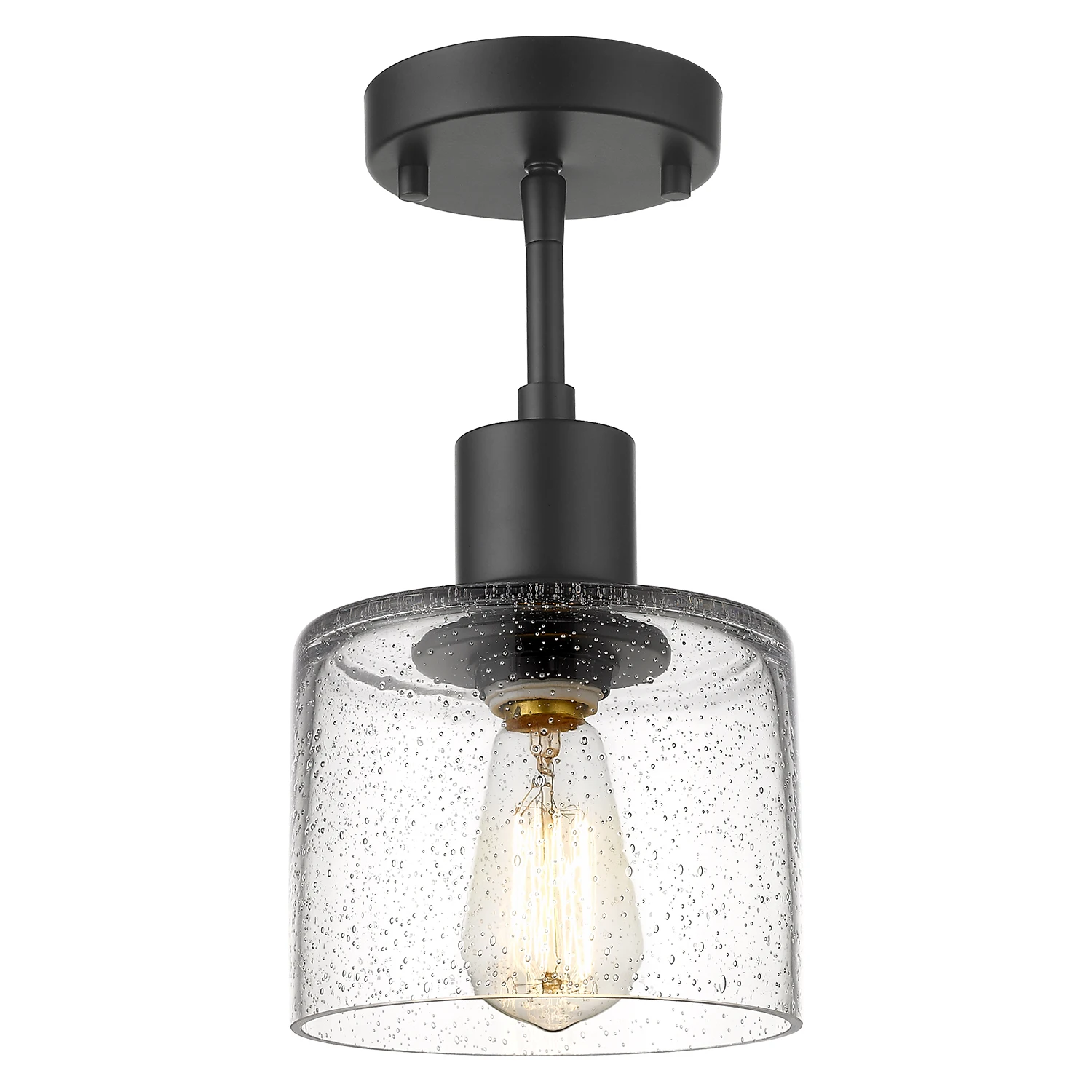 
Semi Modern Farmhouse Light Fixture in Matte Black Finish with Seed Glass Flush Mount Ceiling Light 