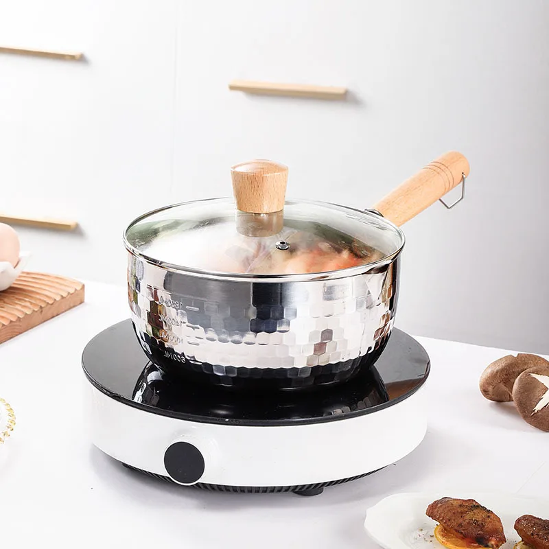 Uncoated food pot with wooden handle, stainless steel hammer pattern design, flat bottom double layer multi-purpose pot