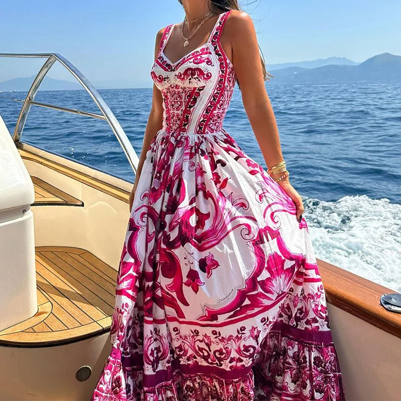 Sleeveless Print A-Line Dress Summer Simple High Waist Maxi Dress Ladies Elegant Dresses Clothes Women Wholesale