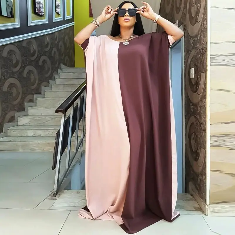2022 fashion free size two tone maxi dress  women muslim dress short sleeve kaftan style loose robes islamic clothing