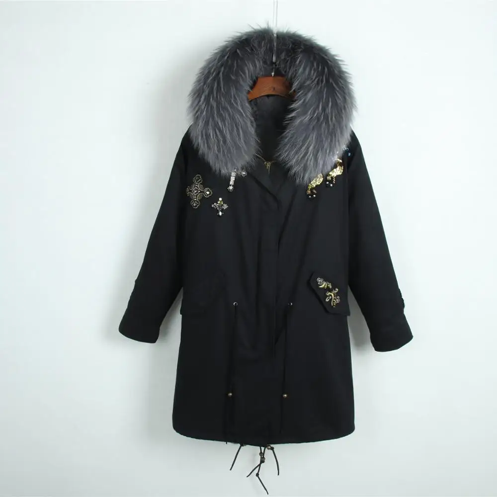 Черная длинная парка для женщин и мужчин зимняя куртка из искусственного меха с воротником натурального енота