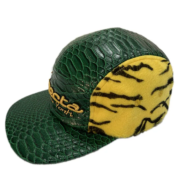 Custom High Quality Unstructured 5 Panel Hat Crocodile Grain Hat Embroidered Logo Fashion Tiger Stripe Camouflage Leather Hat