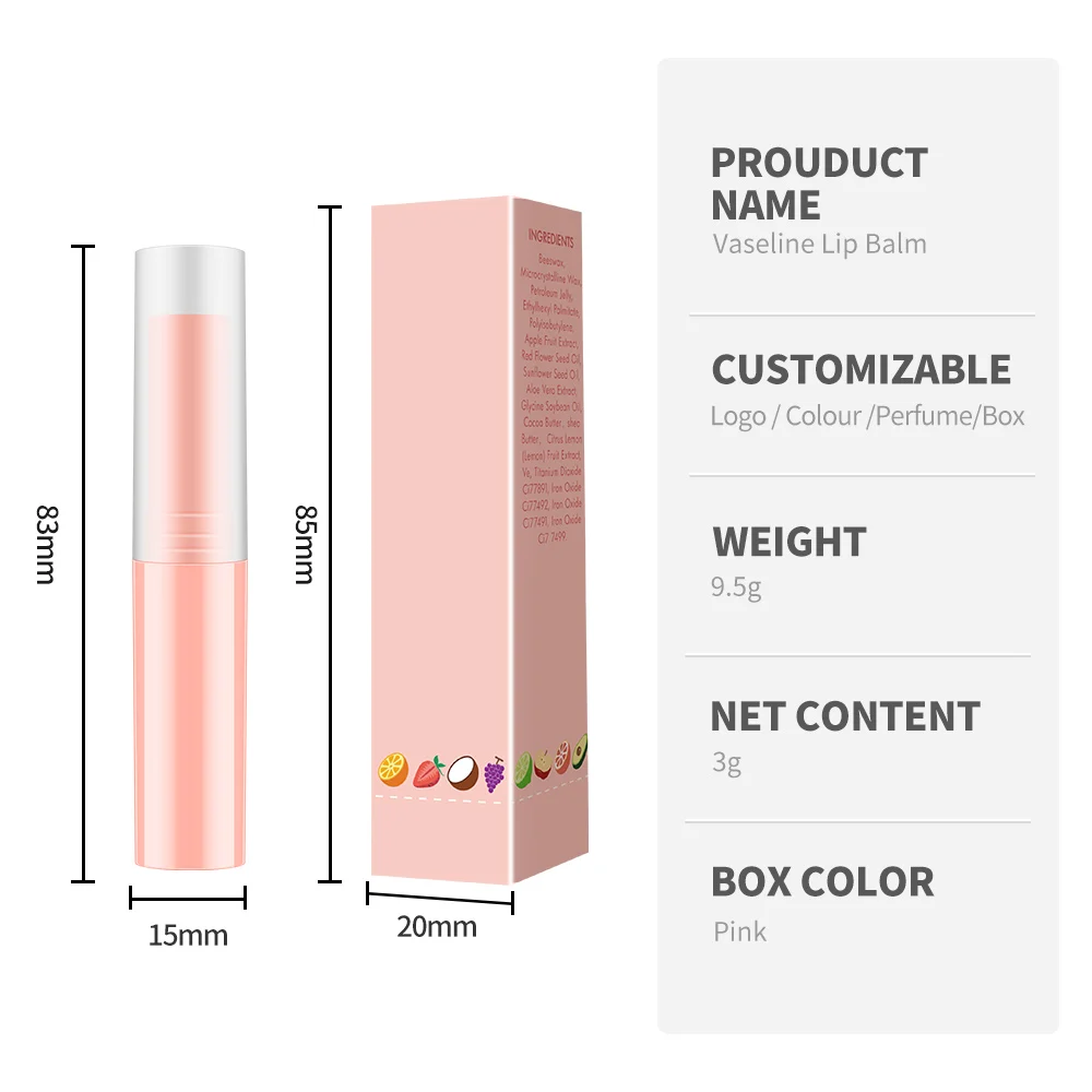 Customizable Logo Fruity Lip Balm Moisturizing Vaseline Honey Waterproof and Sunscreen Mineral Powder Liquid Form