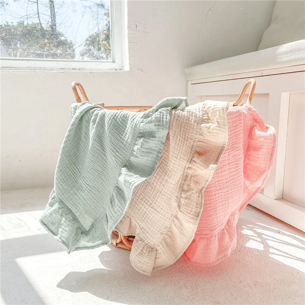 Flash sale 100% Cotton Solid Color thickened Cotton Muslin Gauze Ruffle Baby Blanket  Baby Swaddle