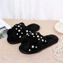Women Fluffy Slippers Summer 2023 Warm Faux Fur Cross Flip Flops Indoor Pearl Floor Slides Soft Flat Furry Sandals