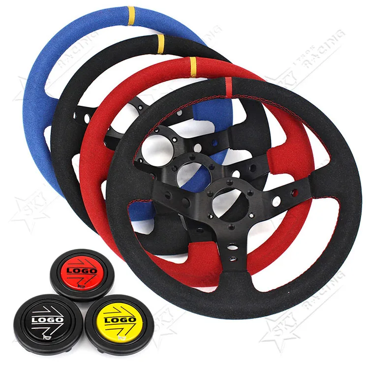 Universal 350mm 14 Inch Suede Car Steering Wheel JDM Drift Racing Deep Dish 6 Bolt Sport Steering Wheel With Red/Blue/Yellow