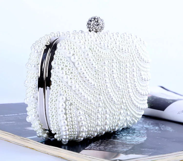 
New Style Lady Handmade White Pearl Beaded Dinner Party HandBag Wedding Clutch Womens Pearl Evening Bags Bridal Purse Bags 