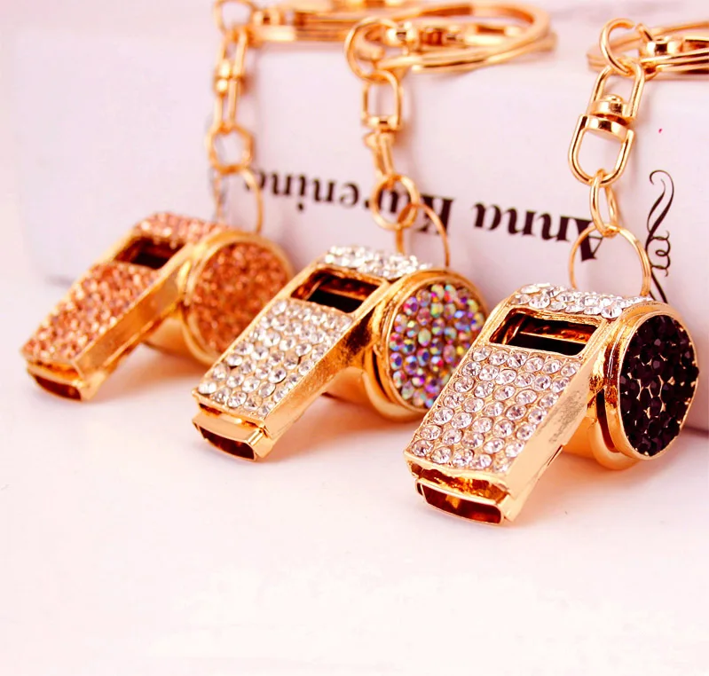 Promotional Rhinestone Whistle Sport Key Chain Bag Hanging Bling Keychains Metal Car Keychain Accessories