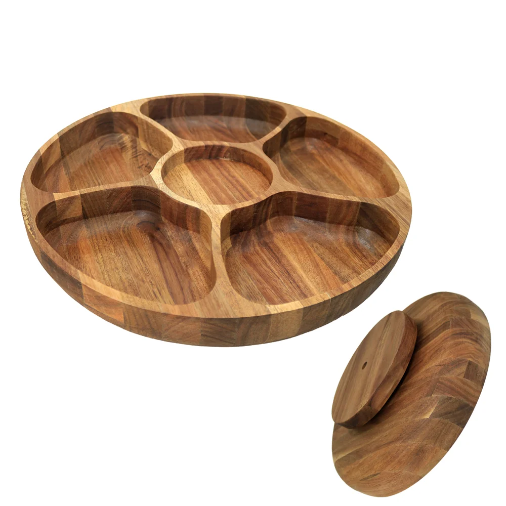 Creative personality circular rotary partition Acacia wood tray for storing  spices rack