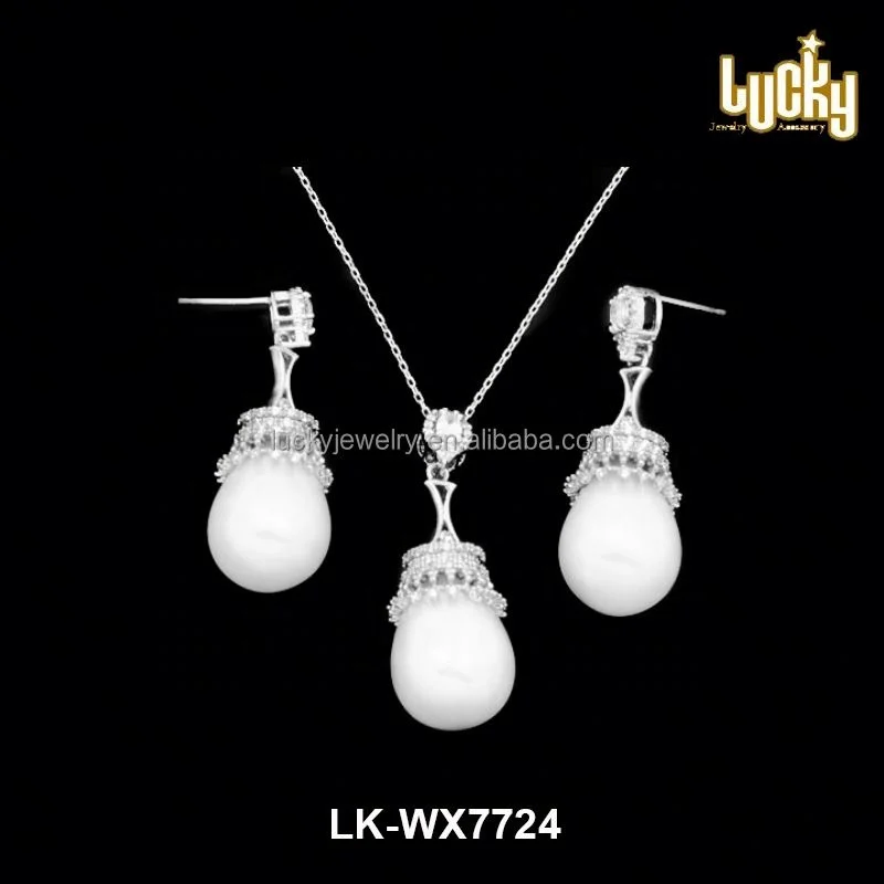  Fashion jewelry from china white gold plated AAA zircon pave brass pearl pendant necklace with earring set design for