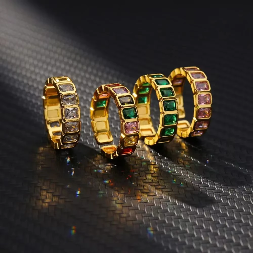 Fashion Jewelry High Quality Wholesale Ring 18k Gold Plated Shine Colorful Zircon Eternity Band Ring