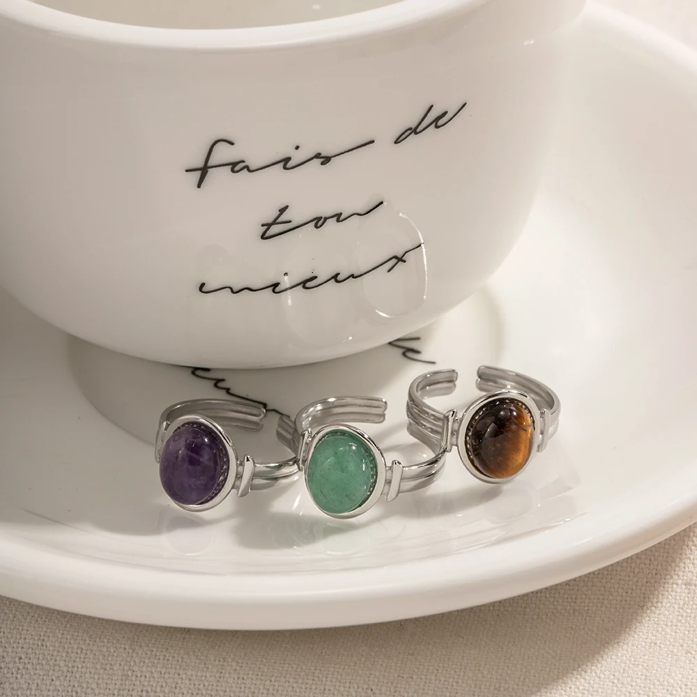 Vintage Silver Color Stainless Steel Ring Oval Tiger Eye Green Purple Semi-Precious Stone Open Rings for Women