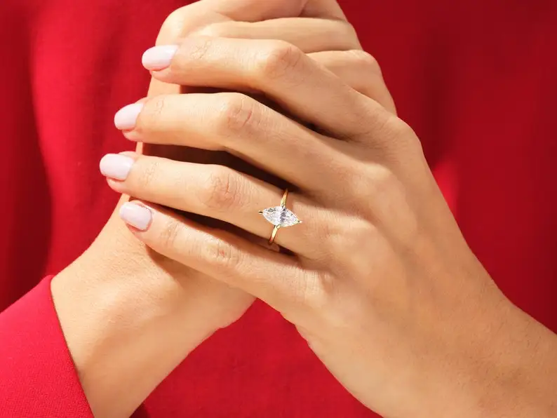 100% Premium Quality Solid 925 Sterling Silver Marquise Shaped Moissanite Diamond Gold Plated Luxury Style Engagement Women Ring