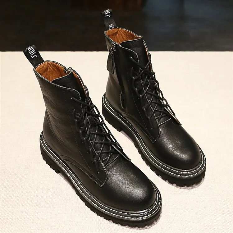 Индивидуальные высококачественные женские ботинки, модные черные кожаные ботинки на ремешках, повседневная женская зимняя обувь