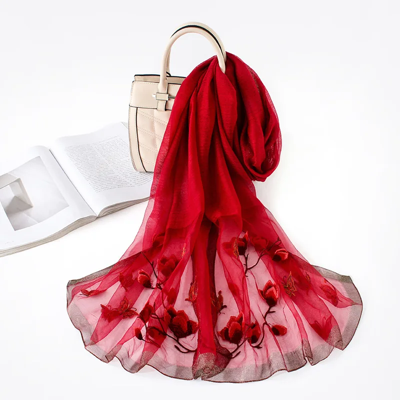 Elegant women hand embroidered silk and wool scarf with low MOQ and price