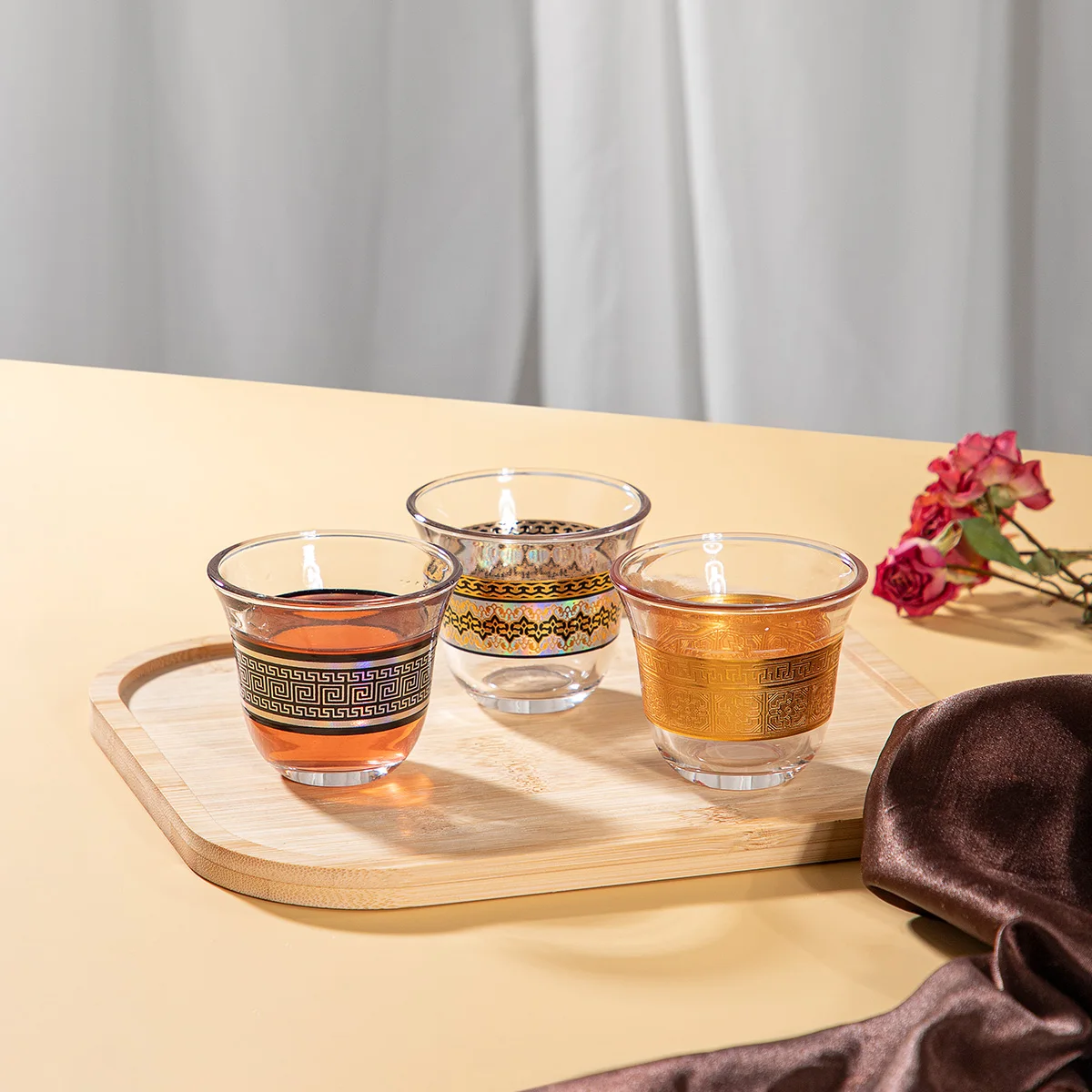 Modern Collection Turkish Glass Mug With Thin Waist Saucer Cups Set, Espresso Coffee Cups Set of 6 Cups & 6 Saucer