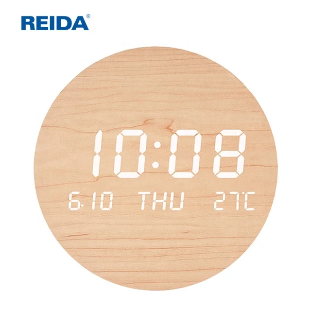 2022 USB Cable Electric Nordic Style Fashion Wooden Led Wall Clock With Temperature Display