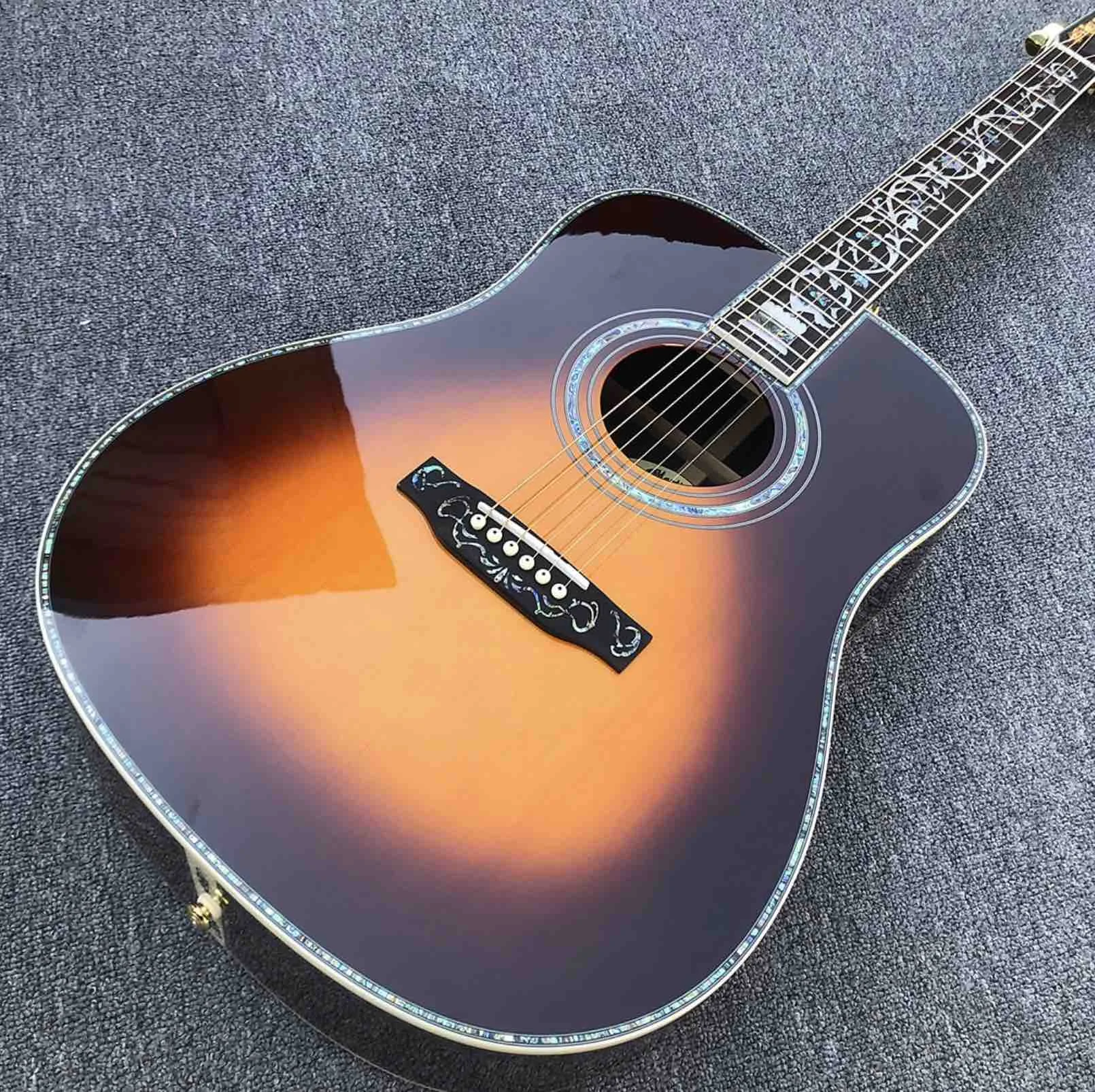 Real Abalone Inlays Sunburst Solid Spruce Top 41 Inch Acoustic Guitar with Ebony Fingerboard