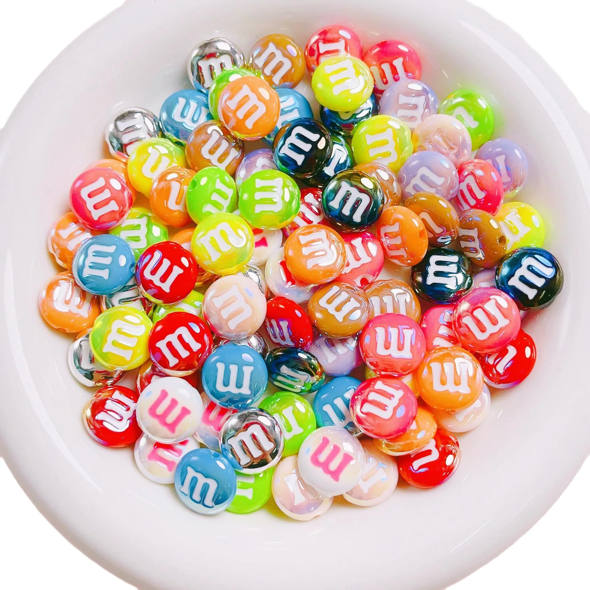 Explosive 14mm light plated rainbow M bean loose beaded diy mobile phone chain key chain material accessories