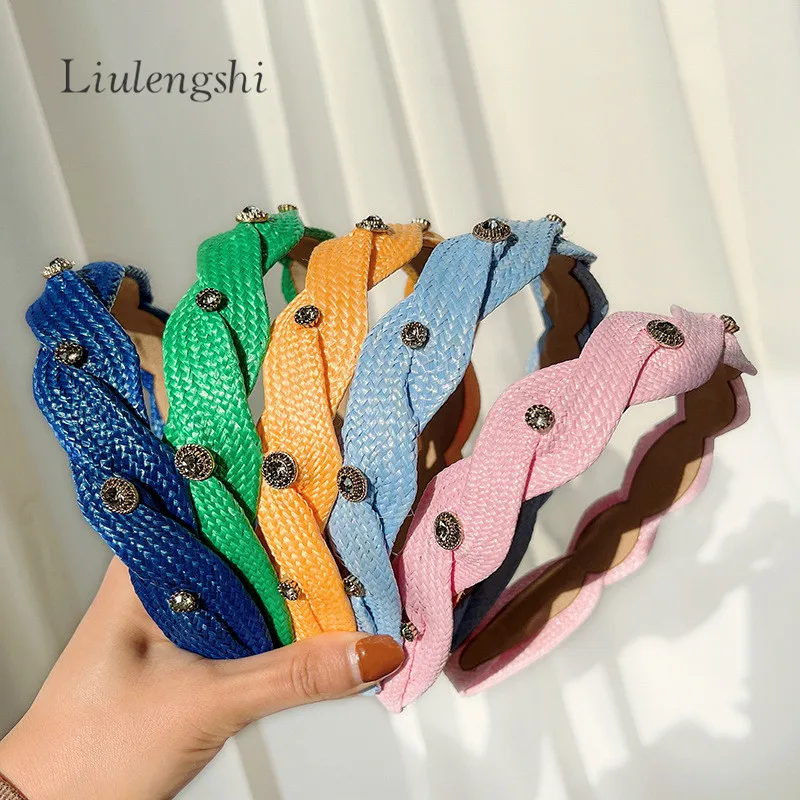 Fashion Summer Season Braid Rattan Woven Hair Band Hair Accessories Beach Raffia Straw Weaving Crystal Headband for Women