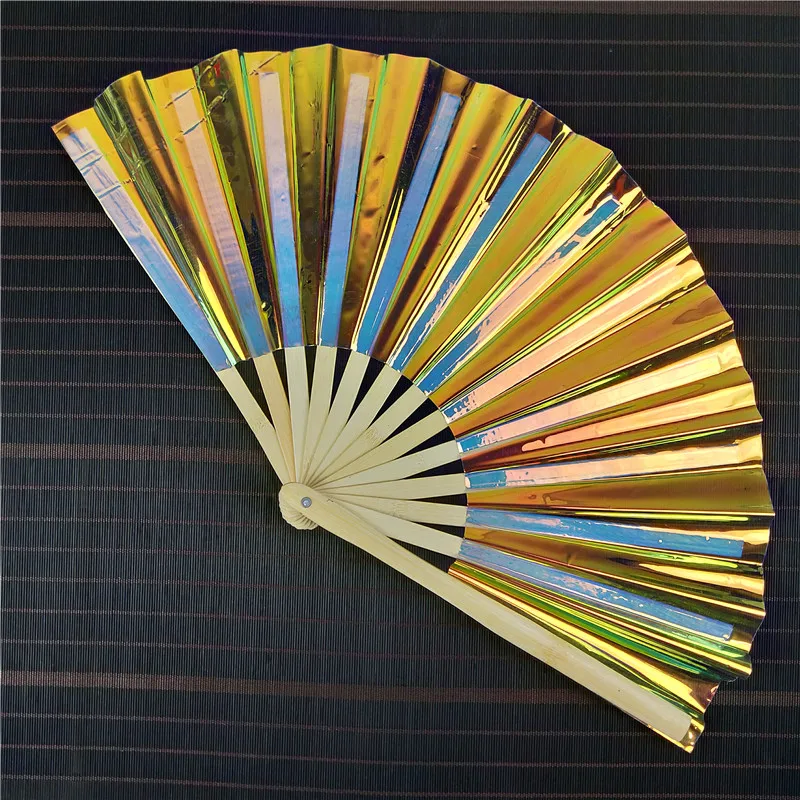 Hot sell high quality  durable Custom printed Cool Iridescent reflective bamboo PVC large hand fan