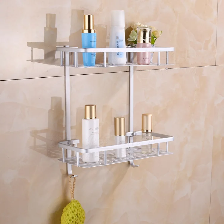 2 Tier Aluminum Bathroom Corner Shelf Shampoo Cosmetic Storage Rack Wall Mounted Kitchen Bathroom Corner Shelf