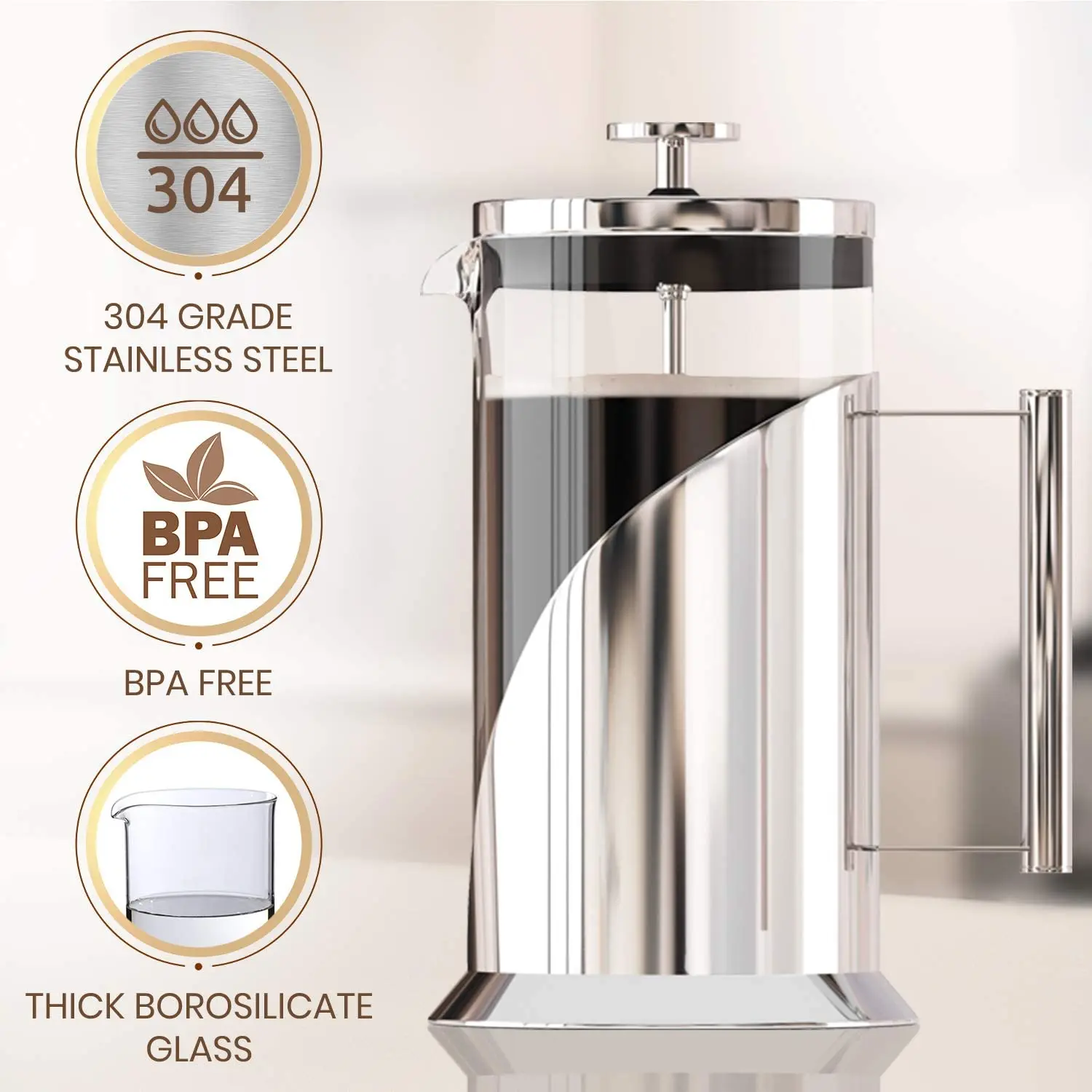 Heat Resistant Glass Coffee Maker with 4 Level Filtration System Stainless Steel French Press