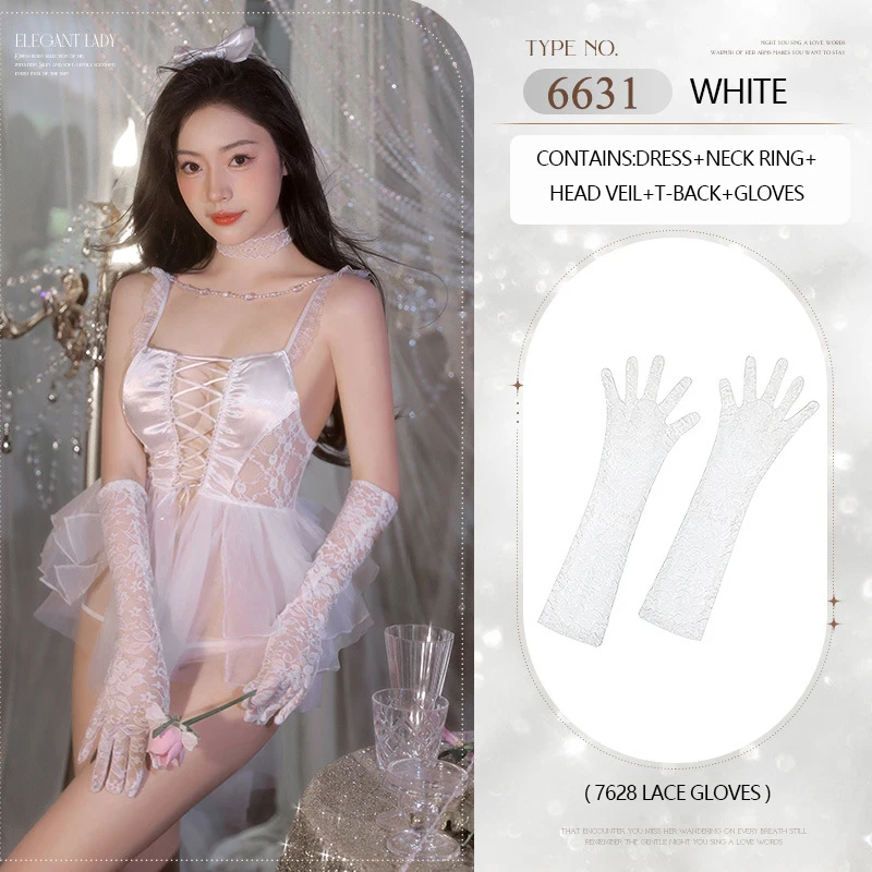 Pearl chain link front strap white bridal suit wedding sexy underwear uniform women lingerie costume 6631